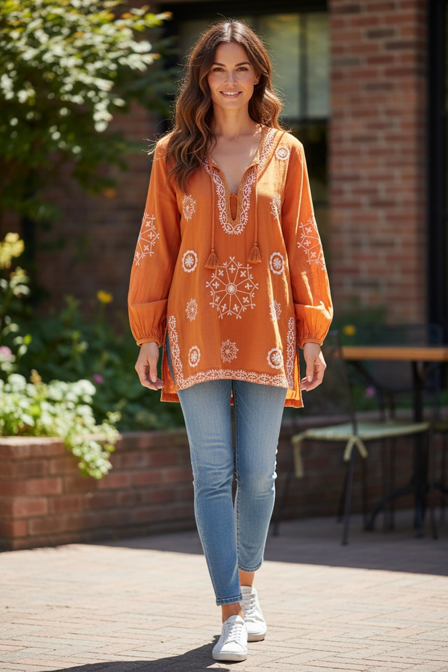 Mur Mur Burnt Orange Embroidered Tunic Top Womens Small